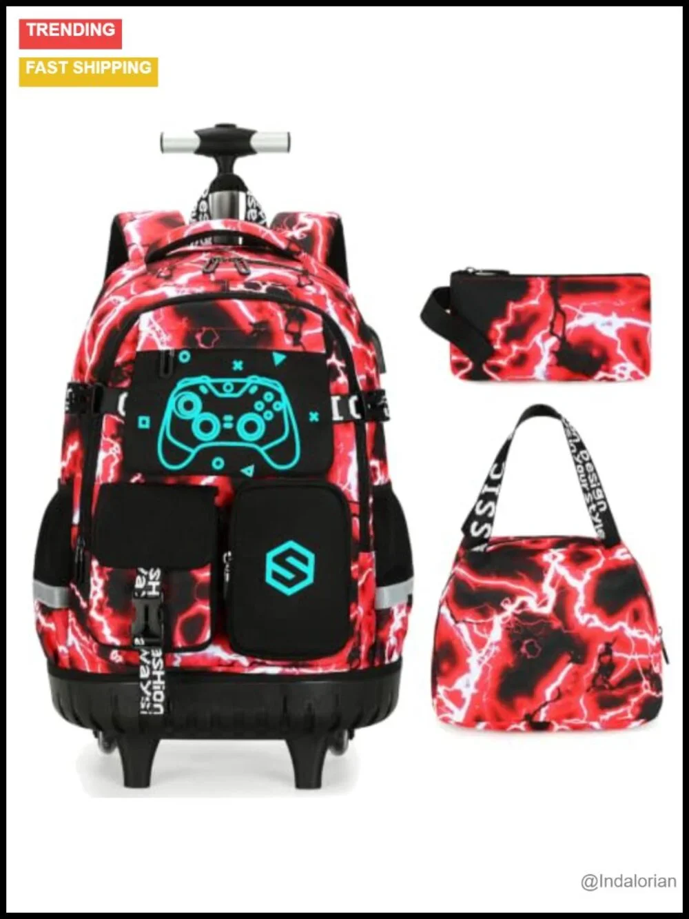 Rolling Backpack for Boys with Lunch Bag & Pencil Pouch, Luminous Gamer Design,